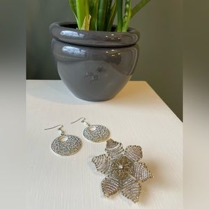 Silver toned earrings and pin